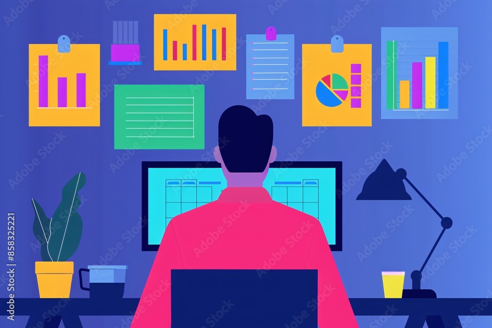 Aufkleber illustration of a person working on a computer surrounded by colorful charts and graphs, symbolizing