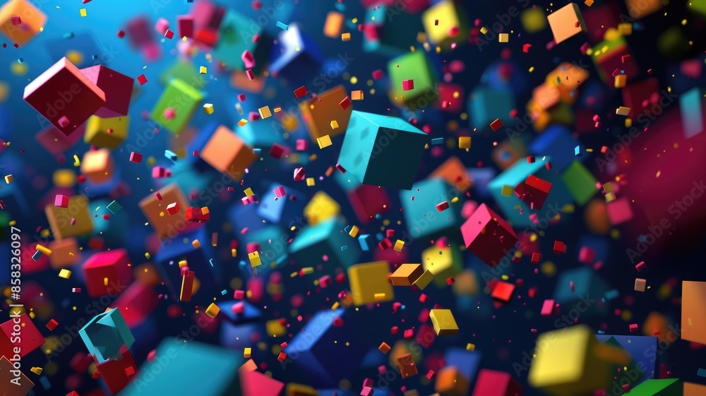 Poster colorful 3d cubes floating in a dark background. 3d design of square box with vibrant colorful color
