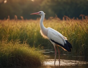 Fototapeta premium A White Bird Standing in the Grass