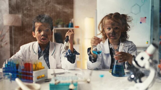 Humorous video of children in laboratory, unexpected reaction, lab explosion