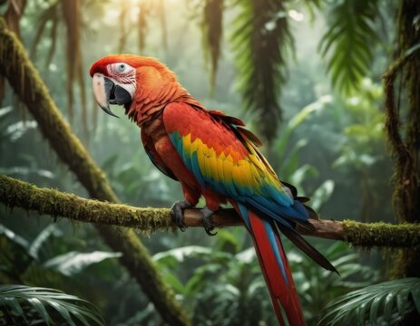 A colorful parrot perched on a branch in a jungle.