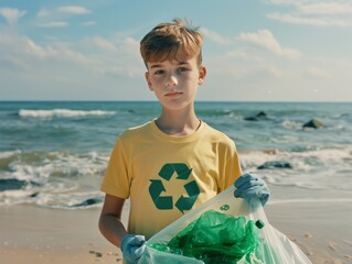 A young boy wearing tshirt with green recycling logo on it, wearing gloves holding trash bag and posing for photo at beach