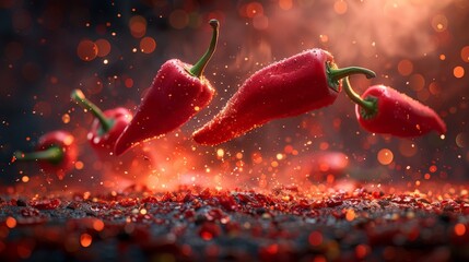 A number of red hot chilli peppers floating in the air on a red background with fire.