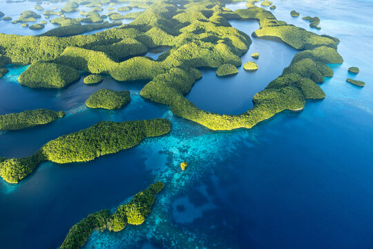 Aerial view of the Chelbacheb Islands also known as Rock Islands, Palau, Koror, Micronesia