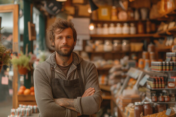 Organic food store, friendly owner, lifestyle shop, healthy vegan food, fruits and vegetables, small business 