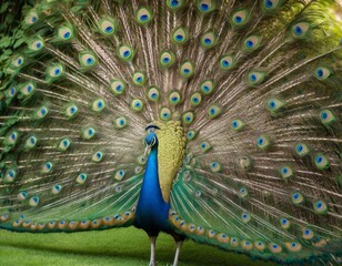 Obraz premium Peacock with a Blue Neck and Yellow Feathers