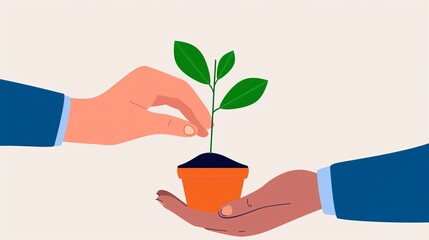 Illustration of two hands exchanging a potted plant, symbolizing growth, sustainability, and environmental care.
