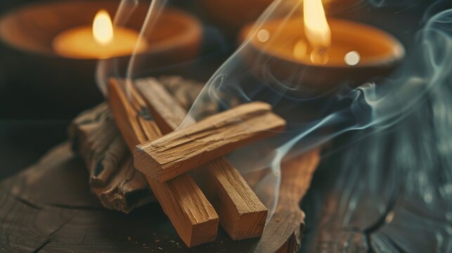 Up close view of Palo Santo bars with space for text Sanctifying with sacred wood meditation and scented incense and candles