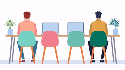 Illustration of two people working on laptops in a modern office space. Colorful chairs and potted plants add a lively touch to the workspace.