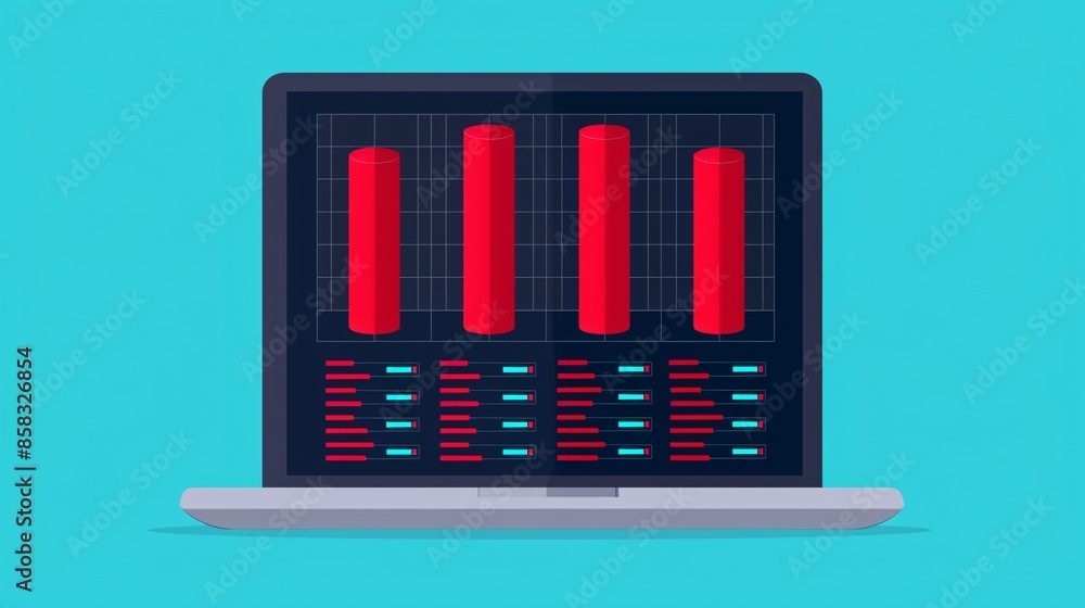 Poster laptop screen displaying a graph with red bars and data on a blue background, representing data anal