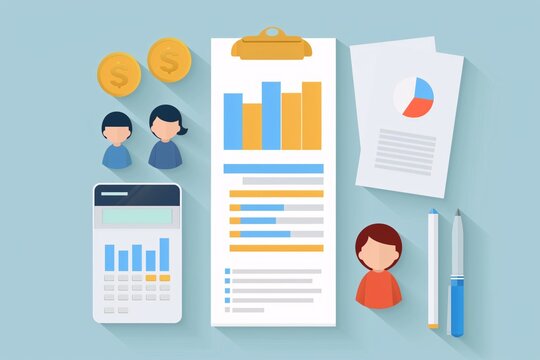 Infographic elements including charts, graphs, calculator, and documents for financial analysis, business reports, and data visualization.