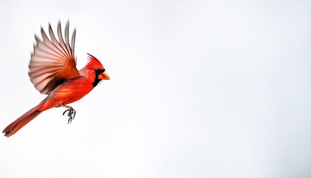 Fluffy Male Northern Cardinal - Cardinalis cardinalis - in flight flying with wings extended showing bright red crimson feathers with head crest. Isolated on white or light color background
