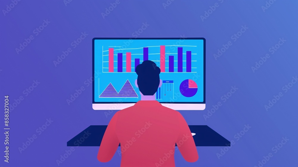 Poster man analyzing data on computer screen, displaying various charts and graphs, representing business a