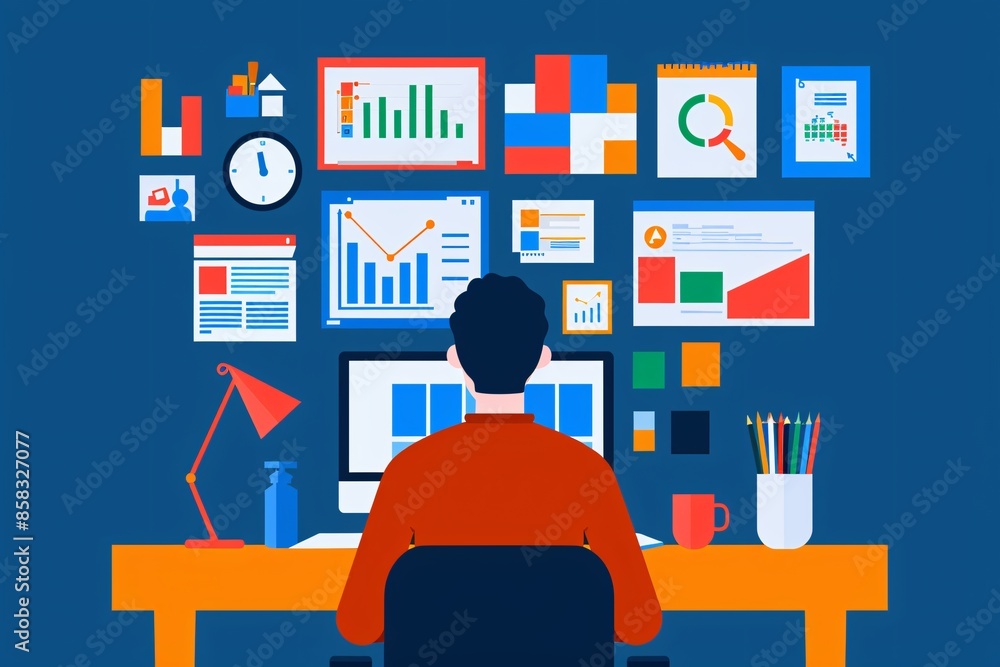 Poster man working at a desk with multiple data charts and graphs on the wall, analyzing statistics, and bu