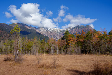 上高地の紅葉・ 田代湿原と穂高連峰（日本、長野県）