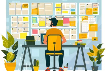 Man working at desk covered in sticky notes and diagrams, depicting productivity and organization in a home office setting, surrounded by plants.