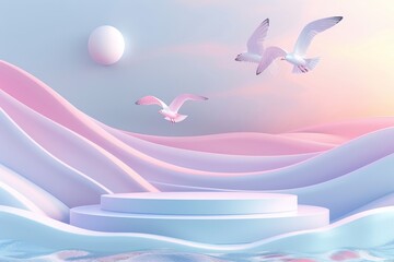 Pastel Seagulls Soaring Above Dreamy Landscape