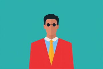 Minimalist illustration of a man in a red suit with sunglasses on a teal background, perfect for creative and modern designs.