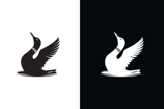 Duck loon bird logo design modern vector illustration black white background