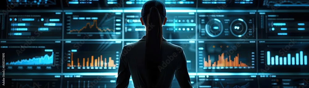 Poster a person analyzing data on multiple screens, showcasing futuristic technology and advanced analytics
