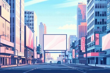 Fototapeta premium Vibrant city street with tall buildings and large billboard at dawn, showcasing modern architecture and an urban lifestyle.