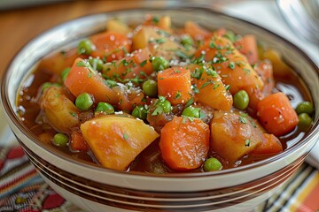 A delicious and hearty bowl of vegetable stew with chunks of carrots, potatoes, and peas