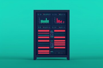 Minimalist server rack with data visualization on a vibrant teal background, showcasing modern technology and digital analysis.