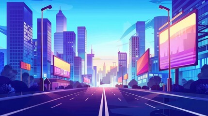 Fototapeta premium Vivid illustration of a modern cityscape with high-rise buildings, billboards, and an empty street in a vibrant sunset, showcasing urban lifestyle.