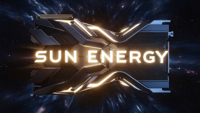 There is a glowing yellow and white logo that says "SUN ENERGY" over a dark blue background with a glowing yellow and white circuit board-like pattern.