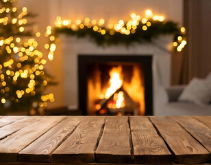 An empty wooden table in a festive living room with a Christmas tree and a fireplace, twinkling lights and garlands adding to the holiday cheer..fireplace in the room