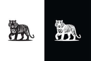 Simple Design of Silhouette of Tiger Walking. Black white tiger logo vector design