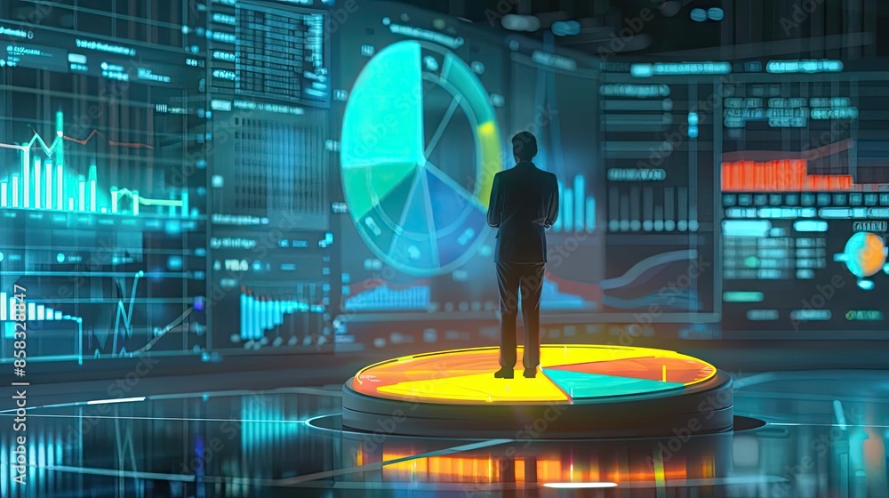 Poster a business professional analyzing data on futuristic digital screens, standing on a bright platform 