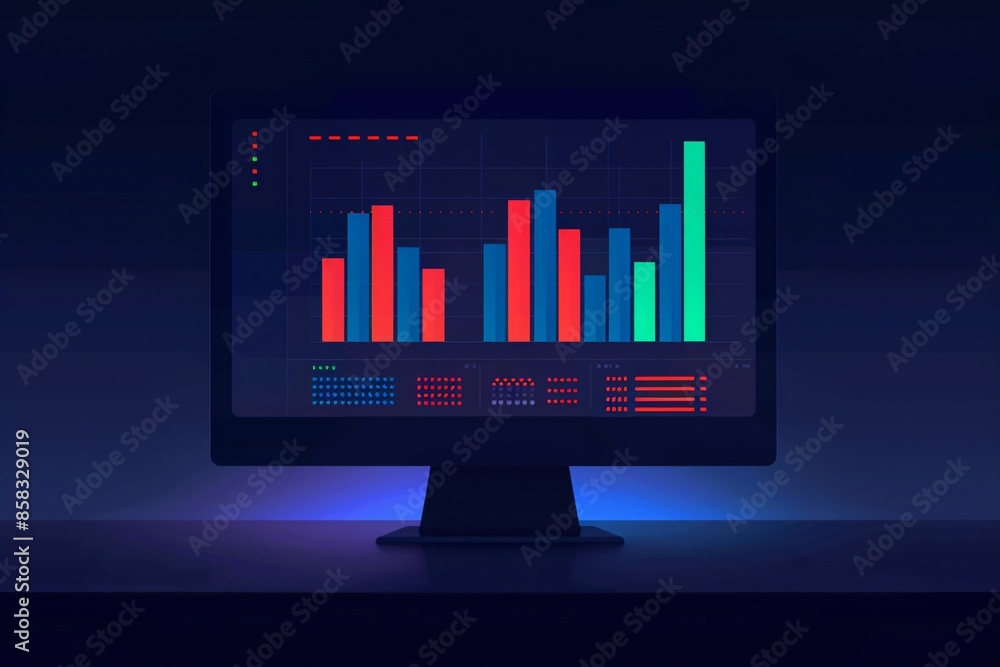 Poster modern computer monitor showing colorful bar graphs and charts, ideal for business analytics and dat