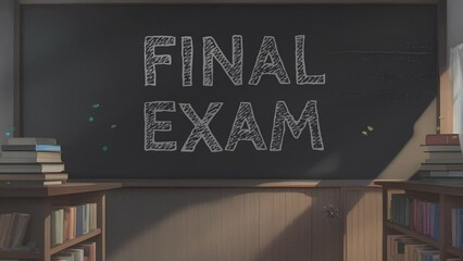 illustration of a classroom with a blackboard bearing the messages "FINAL EXAM". Seamless looping animation video with cartoon style.