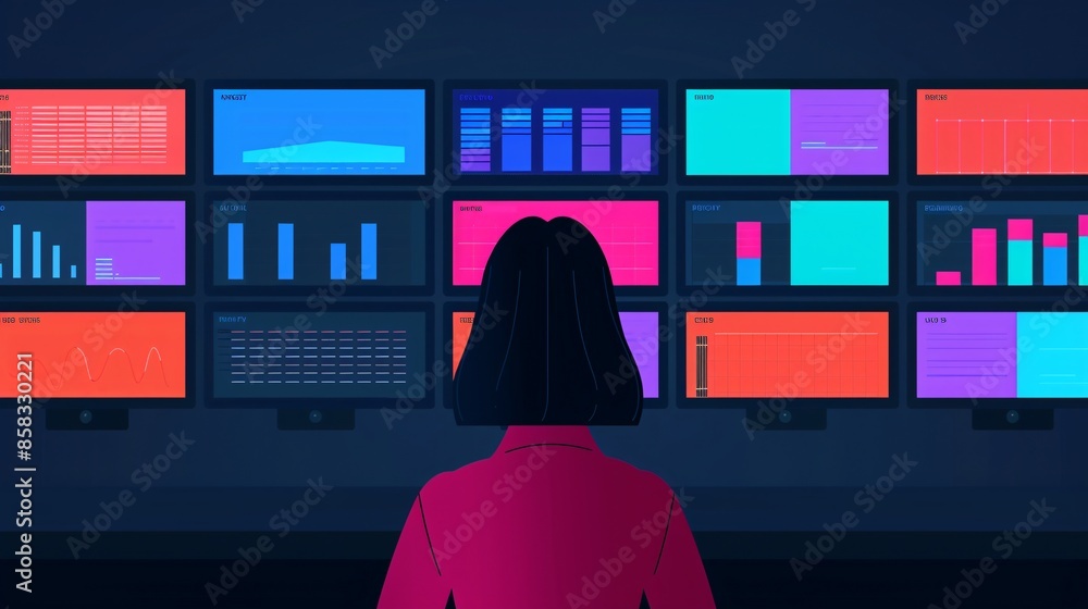 Poster person analyzing data on multiple monitors. illustrative image representing data analysis, technolog