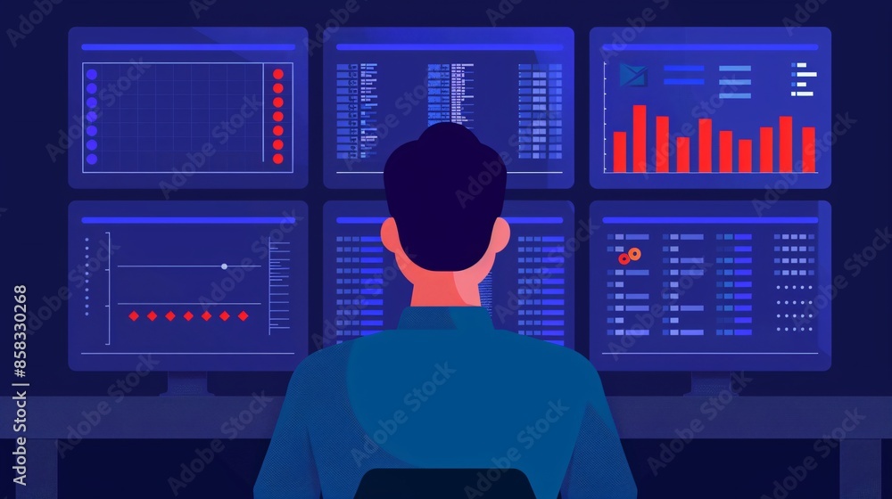 Poster person analyzing data on multiple screens in a dark room, focusing on charts, graphs, and statistics