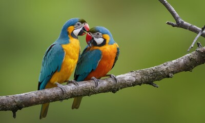 Obraz premium Two Parrots Kissing on a Branch