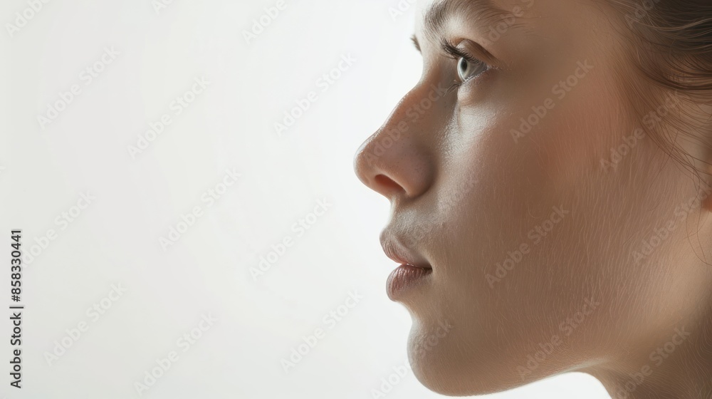 Poster a human face in profile against a plain white background, with plenty of empty space for adding text