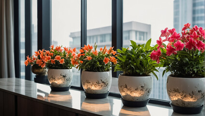 Flowerpot with a beautiful flower in the room window