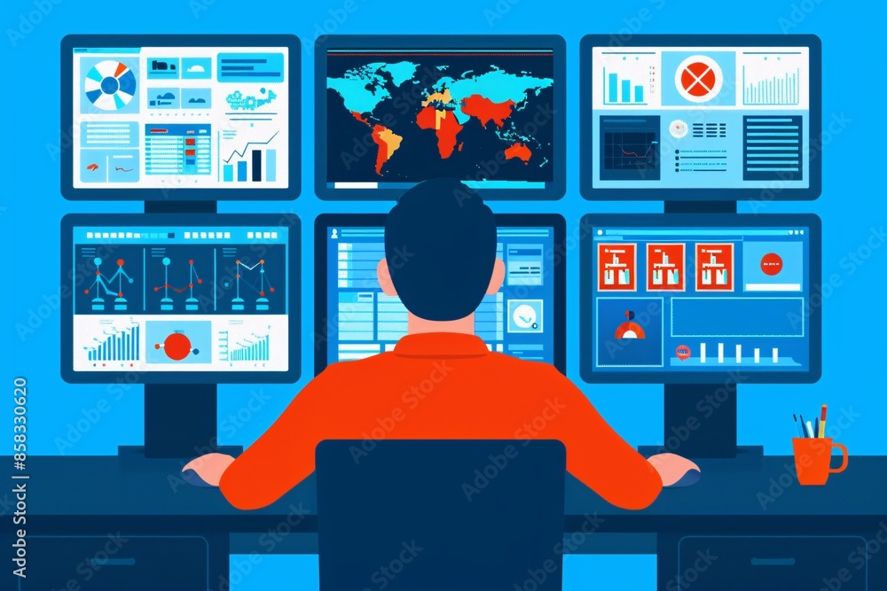 Poster person sitting at a desk with multiple computer screens showing data analysis, graphs, and charts in