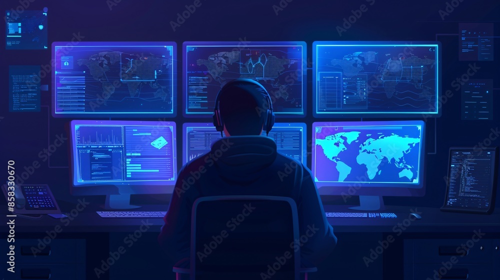 Poster person monitoring multiple computer screens with data and maps in a dimly lit room, portraying cyber