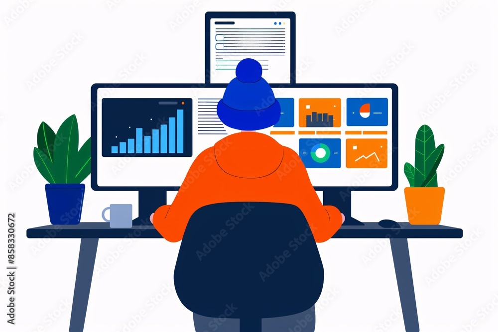 Poster person wearing a beanie working at a desk with multiple monitors displaying graphs and data analysis