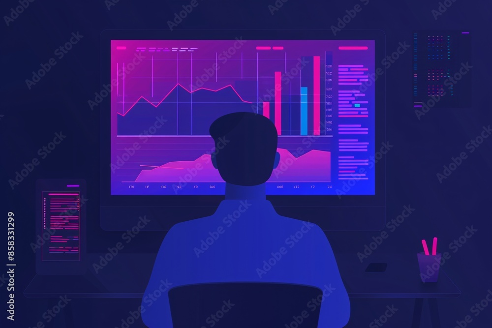 Poster silhouette of a person analyzing data on multiple screens with graphs and charts in a dark, modern o