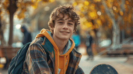 A teenage boy sitting on a park bench with a skateboard at his feet, looking cheerful and relaxed, with a vibrant park in the background