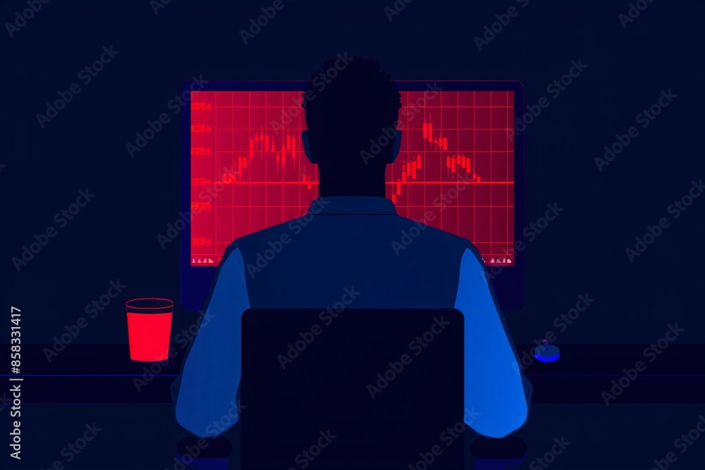 Poster silhouette of a person analyzing financial data on a computer screen with red graphs in a dark room.