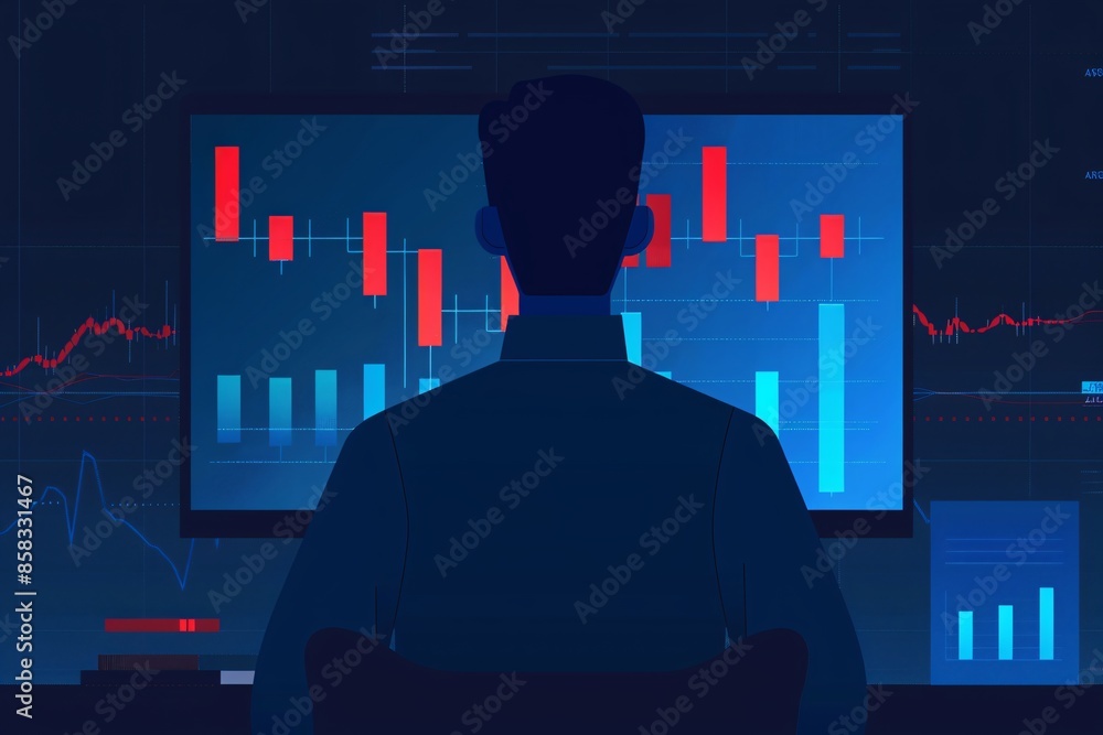 Poster silhouette of a person analyzing financial data on a large screen display with charts and graphs in 