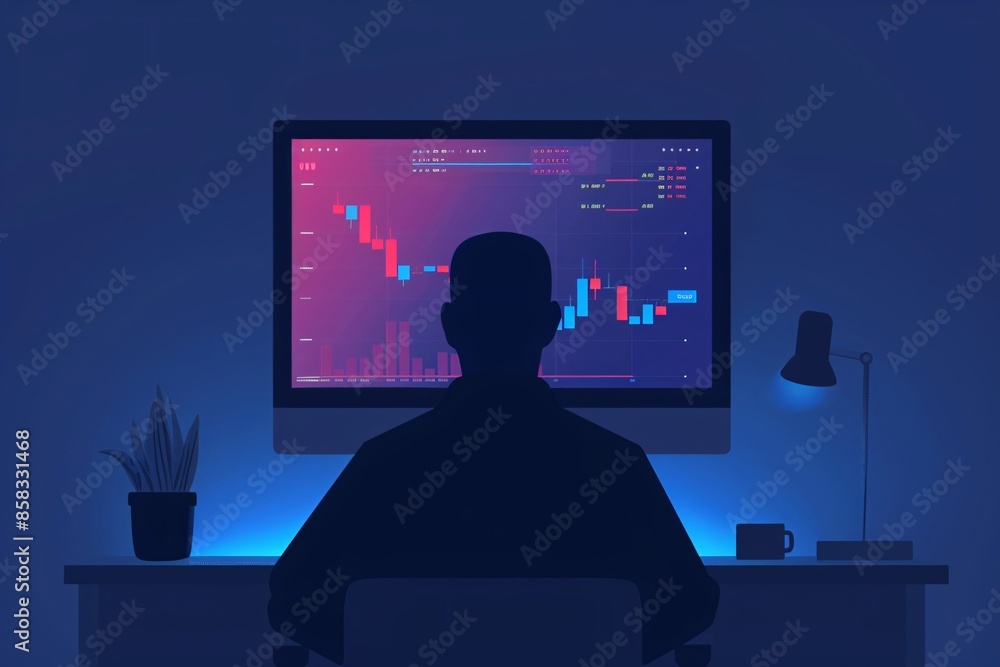Poster silhouette of a person analyzing stock market trends on a computer in a dark room with blue ambient 