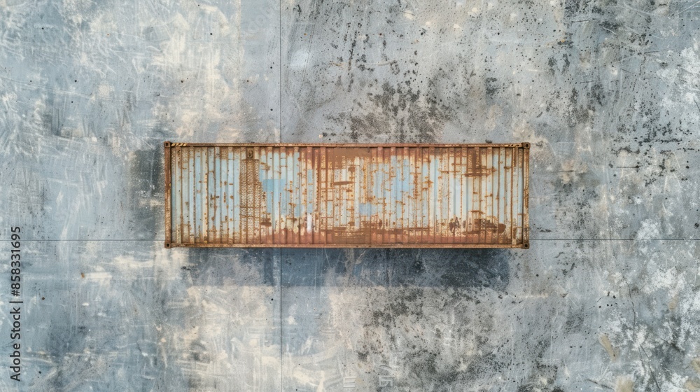 Poster a top-down view of a new container on a plain concrete floor, with a large portion of the image left