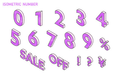 手書き風　ベクターのアイソメトリックの数字素材　紫