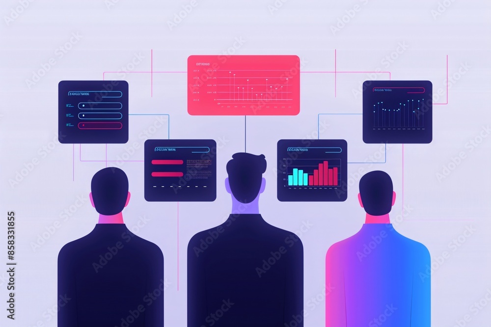 Poster team of professionals analyzing data on futuristic digital screens, focusing on charts and graphs in